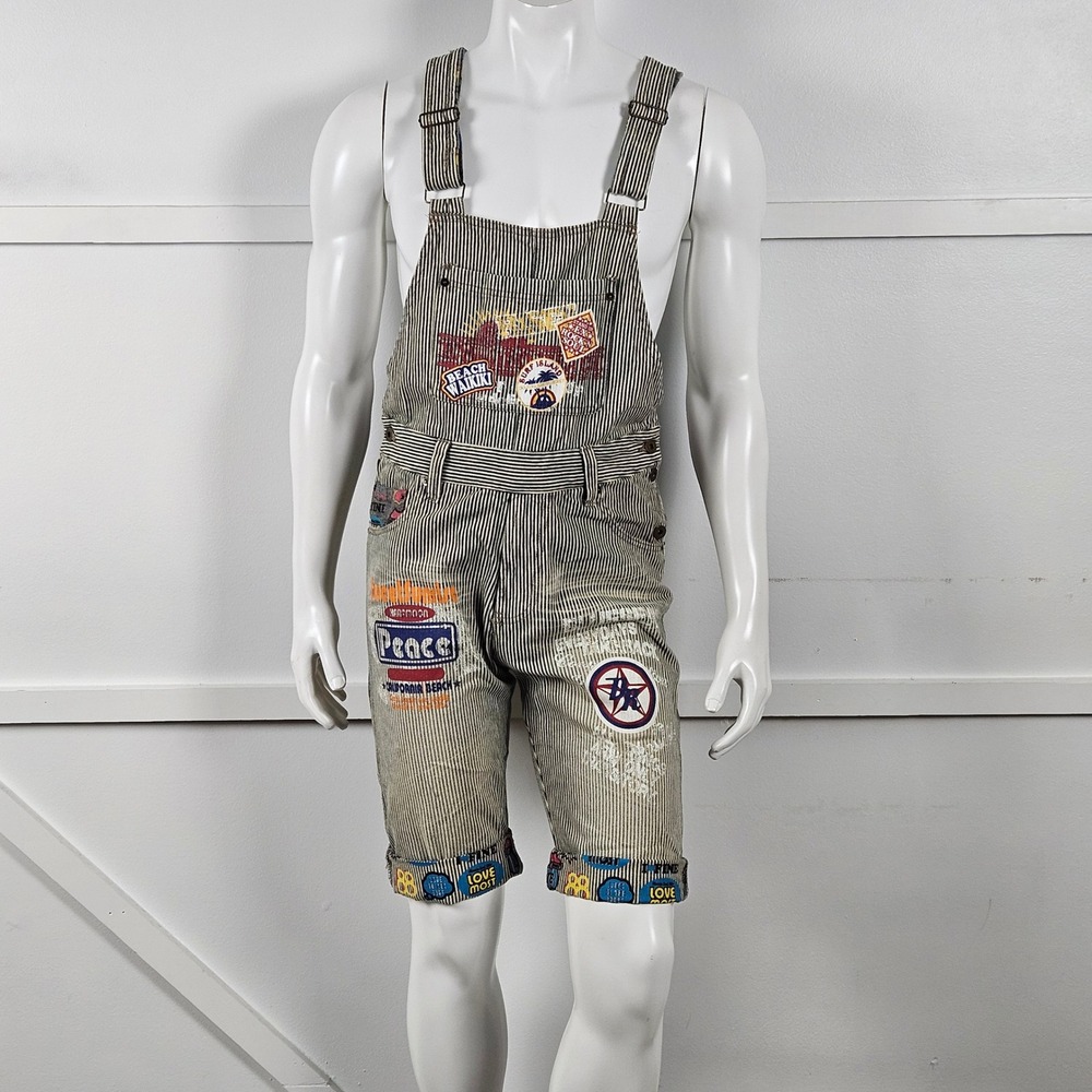 Clone Devgru Design Vintage Mens M Hickory Stripe Graphic Patch Short Overalls